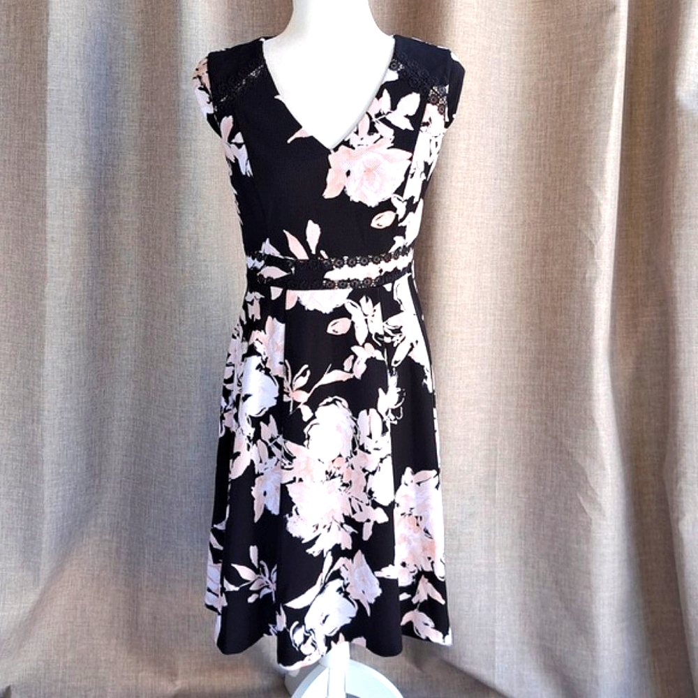 Karl Lagerfeld Paris Dress Midi Black Floral Pink Roses Woven Texture size 6